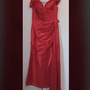 Red Satin Off Shoulder Prom Slit Beaded Mermaid adjustable waist US size 8 lace